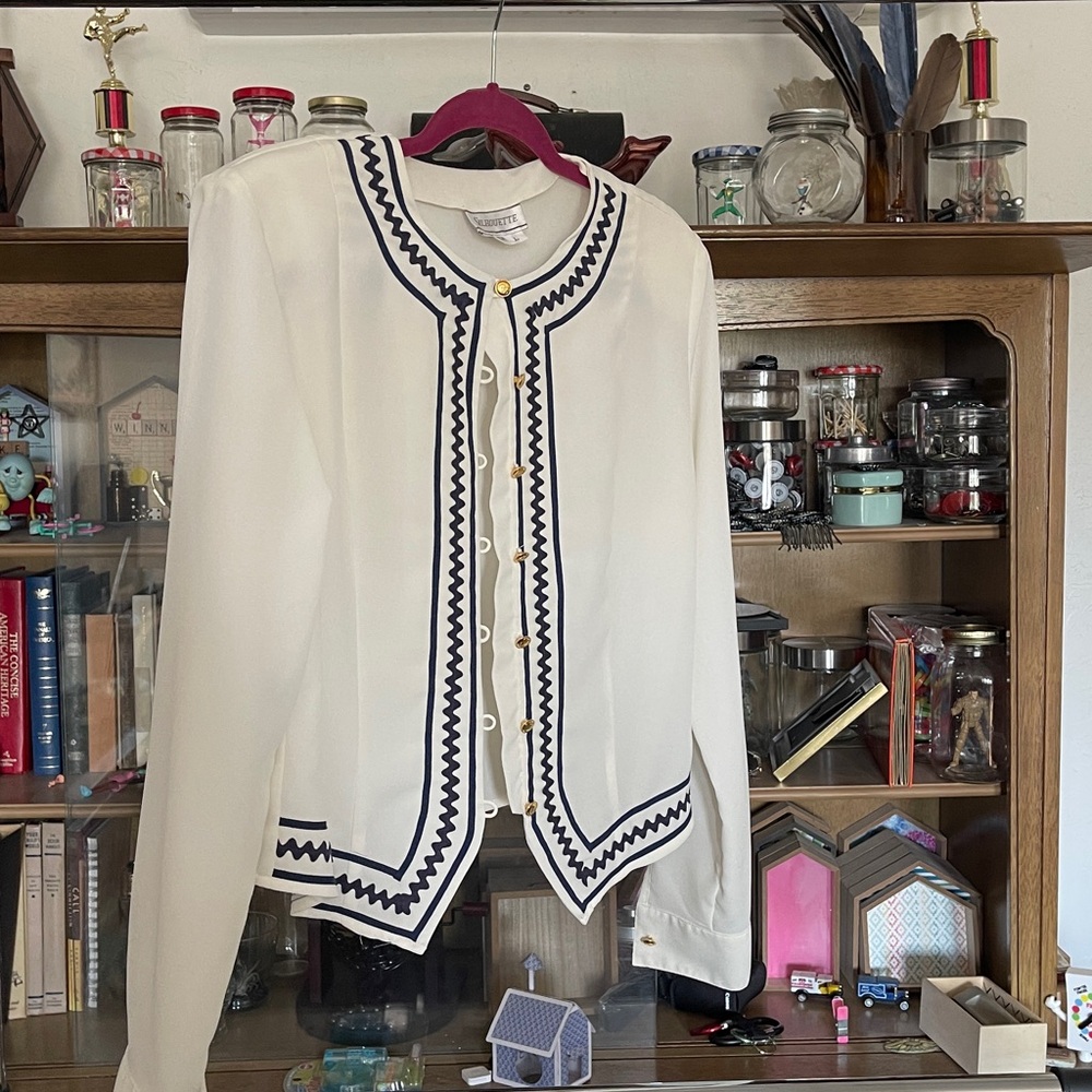 Vintage Cream Blouse with Navy Trim & Gold Buttons